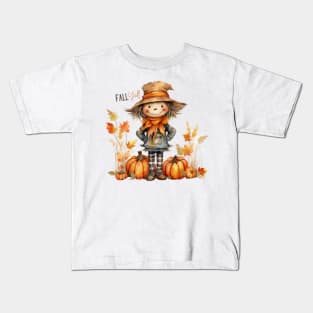 Fall Y'all Cute Scarecrow in Pumpkins with Leaves Kids T-Shirt